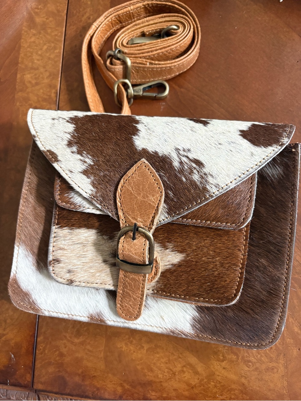 Cowhide Crossbody Satchel purse in Brown and White